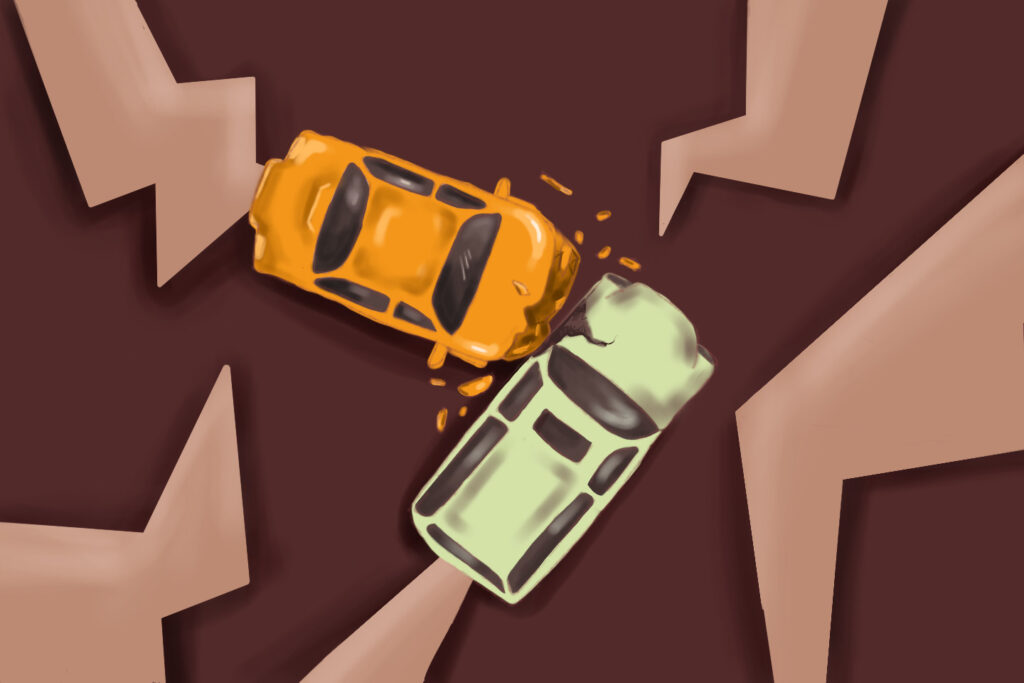 Illustration of birds-eye view of one car crashing into another