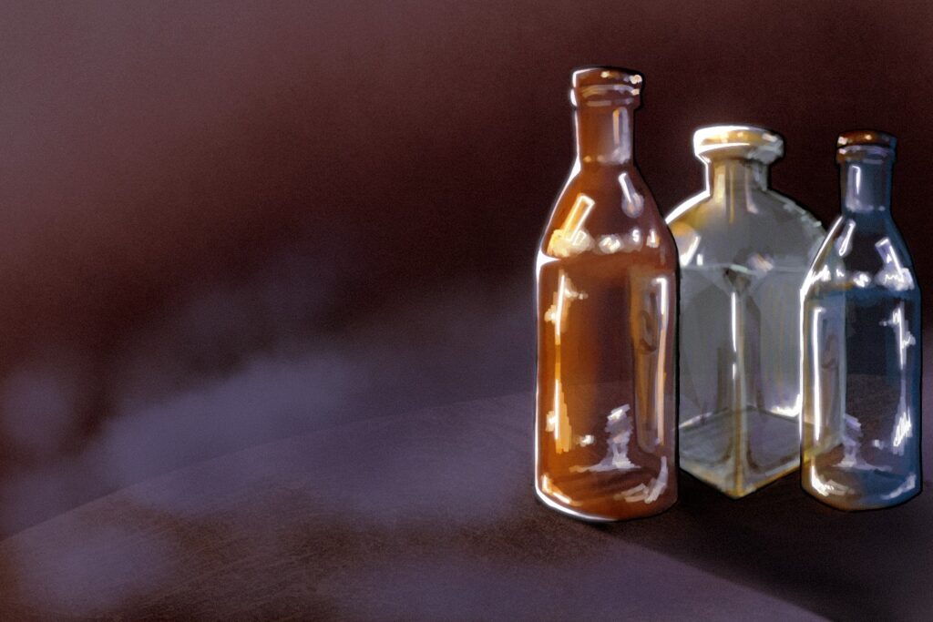 Illustrations of bottles on table