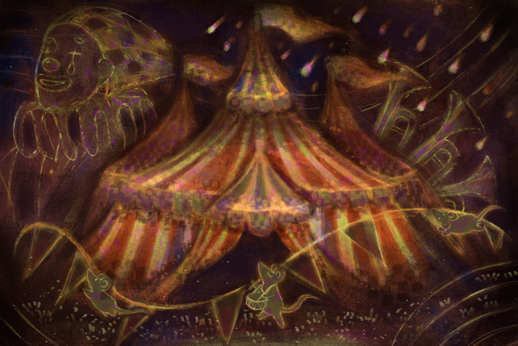 Abstract illustration of a circus tent with silhouettes of a giant clown and circus animals in the night sky and foreground