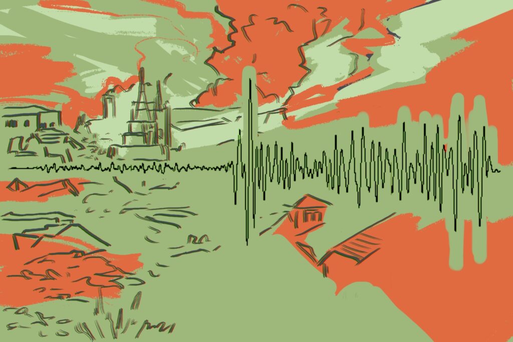 Abstract illustration depicting earthquake, with abstract depiction of town in background and earthquake detection graph in foreground