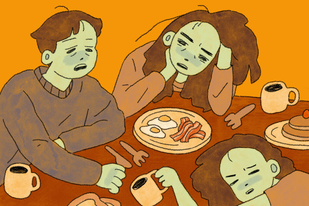 Illustration of zombie-looking people sitting at a dinner over breakfast