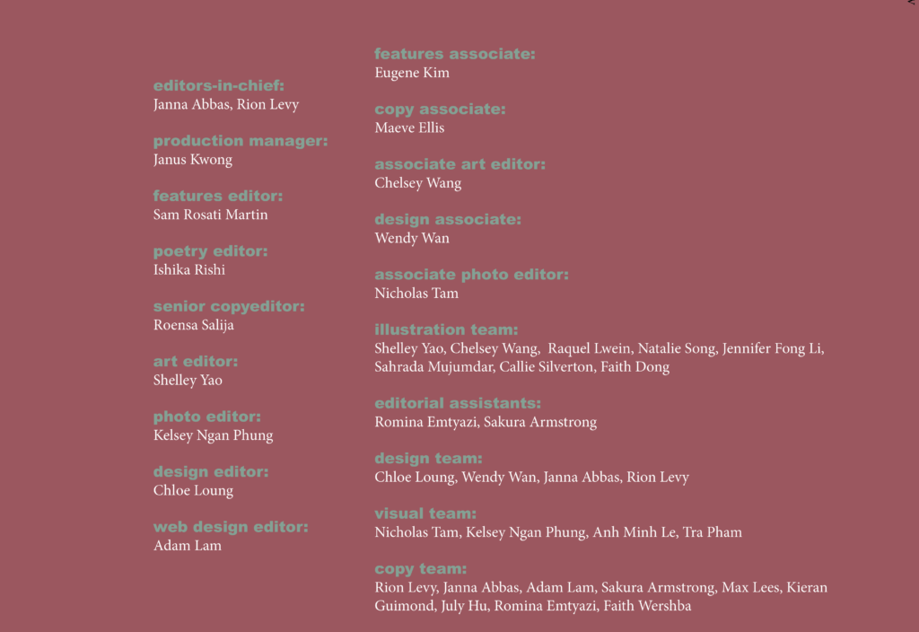 Credits for contributors to magazine