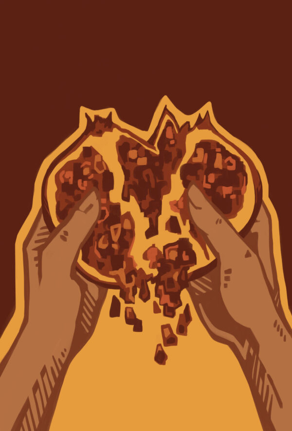 Artistic depiction of hands breaking open a heart-shape fruit causing an image that looks like heartbreak